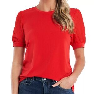 NWT CECE Women's Red Medium Short Puff Sleeve Mixed Media Knit Top